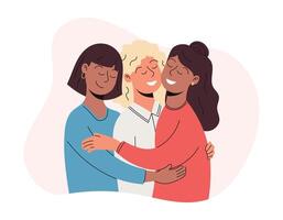 Tres mujer amigos abrazando un comunidad de diverso feminista chicas. vector plano aislado ilustración.