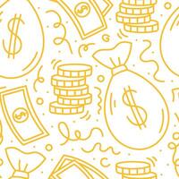 Doodle line money symbols. A bag of money, a paper bill and a stack of coins. Vector seamless pattern.