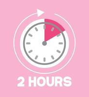 2 Hours pink clock. Time marker with clockwise arrow. Design remaining time vector