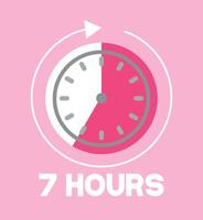 7 Hours pink clock. Time marker with clockwise arrow. Design remaining time vector