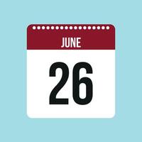 26 June calendar vector icon. Red and black June date for the days of the month and the week on a light background