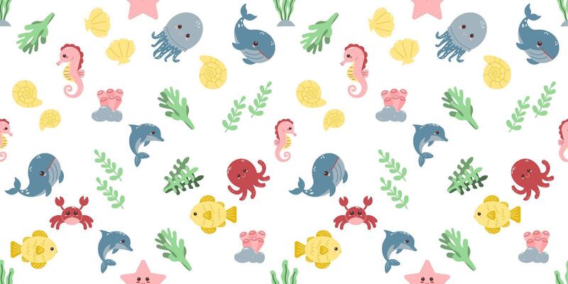 Seamless pattern of Cute sea animals. Vector flat illustration. pattern for wrapping, textiles.