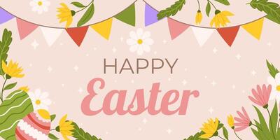 Easter horizontal background template. Design for celebration spring holiday with flowers, painted eggs, bunting garland with colorful flags. vector