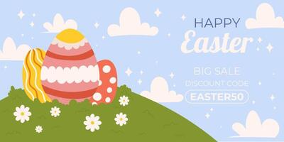 Easter sale horizontal background template for promotion. Design on sky blue background with painted eggs and green grass, white daisy and clouds vector