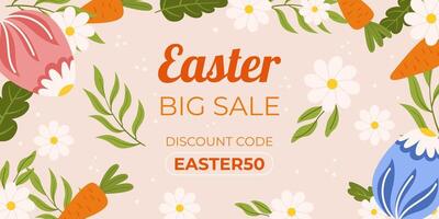 Easter sale horizontal background template for promotion. Design with blue and pink painted eggs, flowers and leaves, carrot vector