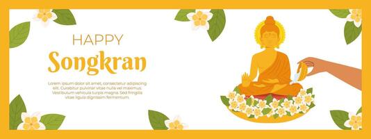 Songkran, Bathing the Buddha statue, blessing holy water and pay respect for traditions. Thailand New Year. Vector horizontal banner template in flat style for celebrating.