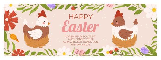 Happy Easter horizontal banner template. Design with two chickens on nest, flowers and leaves around vector