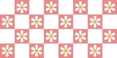 70s Vibes Groovy Checkerboard Seamless Pattern Large Square with Cute Flower In Pink Mesh. Grid Background, Psychedelic Retro Style. vector