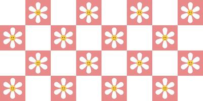 70s Vibes Groovy Checkerboard Seamless Pattern Large Square with Cute Flower In Pink Mesh. Grid Background, Psychedelic Retro Style. vector