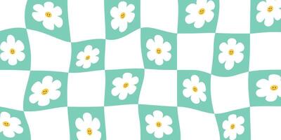 Groovy Wavy Checkerboard Pattern Large Square with Cute Flower In Green Mesh. Grid Background, Psychedelic Retro Style vector