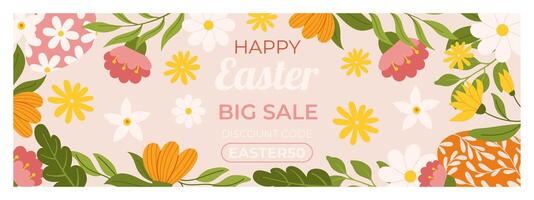 Happy Easter horizontal banner template. Design with hand painted eggs and floral elements. Hand drawn flat vector illustration