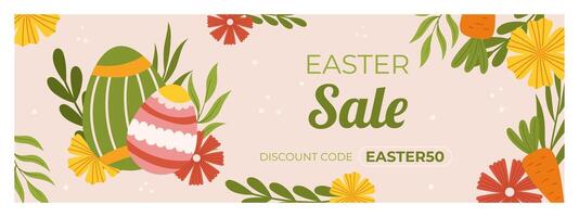 Easter sale horizontal banner template for promotion. Design with two painted eggs, flowers and leaves, carrot vector