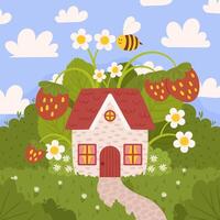 Summer kid illustration with cute house around strawberry plant with berries and flowers, green bushes, little bee. Blue sky with white clouds on back. vector