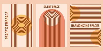 Minimalist geometric zen arches poster collection with text - Peace, Silent Grace, Harmonizing. Abstract boho shapes in a retro aesthetic for versatile design use. Vector concept design.