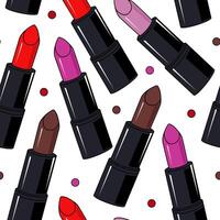 Vector seamless makeup pattern with colorful lipstick. Background in flat design with decorative cosmetics for design of kids clothes, dress, fabric, textile, scrapbooking.