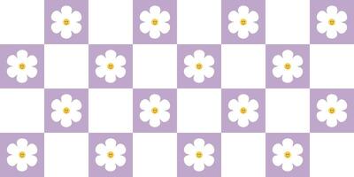 70s Vibes Groovy Checkerboard Seamless Pattern Large Square with Cute Flower In Lilac Mesh. Grid Background, Psychedelic Retro Style. vector
