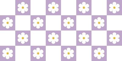 70s Vibes Groovy Checkerboard Seamless Pattern Large Square with Cute Flower In Lilac Mesh. Grid Background, Psychedelic Retro Style. vector