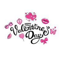 Vector handwriting lettering with pink elements by Happy Valentine day. Background with typography. Flat design for greeting card and banner