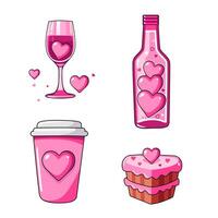 Cute vector icon with wine bottle, glass, cake and coffee for Valentine day. Flat design element collection. Minimalistic illustration for design web banner and greeting card