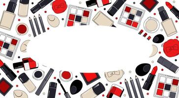 Vector rectangular frame with red makeup elements for words and text. Lipstick, eye shadow, blush, sponge and nail polish. Isolated vignette with decorative cosmetics for design and flat banners