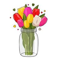 Spring bouquet with pink, red, white and yellow tulips in glass jar. Clipart with flowers for design, greeting card, banner, board, flyer, sale, poster vector