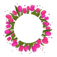 Spring round frame with pink tulips for words and text. Vector background template with flowers for design, greeting card, banner, board, flyer, sale, poster