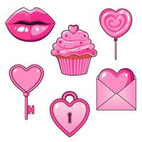 Cute vector set of icons with lollipop, lips, cake, letter and lock for Valentine day. Flat design element collection. Minimalistic illustration for design web banner and greeting card