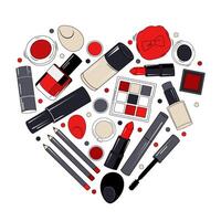 Vector red makeup elements in the shape of heart. Lipstick, eye shadow, blush, sponge and nail polish. Isolated wall with decorative cosmetics for design, text and flat banners