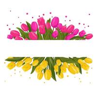 Spring rectangular frame with pink yellow tulips for words and text. Vector background template with flowers for design, greeting card, banner, board, flyer, sale, poster