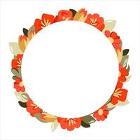 Vector round frame of hand drawn flowers for words and text. Isolated red orange vignette with tulips and roses for design, comics and flat banners
