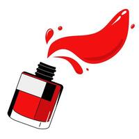 Red nail polish with spray drops of varnish on white background. Isolated vector cosmetic illustration side view. Flat design. Drawn makeup icon for design, cards and banner