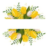 primavera rectangular marco con amarillo blanco tulipanes y mimosa para palabras y texto. vector antecedentes modelo con flores para diseño, saludo tarjeta, bandera, junta, volantes, venta, póster
