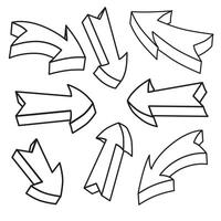 Vector set of abstract business arrows. Hand drawn 3d geometric curved pointers. Isolated bold doodles for design to mark.