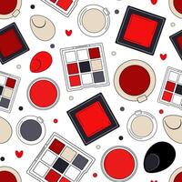 Vector seamless makeup pattern with red eye shadow, blush and sponges. Background in flat design with decorative cosmetics for design of kids clothes, dress, fabric, textile, scrapbooking.