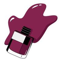 Purple nail polish with spray drops of varnish on white background. Isolated vector cosmetic illustration side view. Flat design. Drawn makeup icon for design, cards and banner