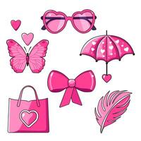 Cute vector set of icons with bag, umbrella, sunglasses, feather and butterfly for Valentine day. Flat design elements. Minimalistic  illustration for design web banner and greeting card