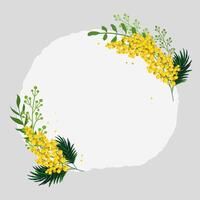 Spring round gray frame with yellow tulips and mimosa for words and text. Vector background template with flowers for design, greeting card, banner, board, flyer, sale, poster