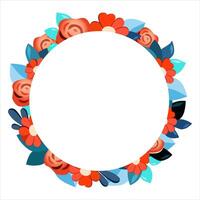 Vector round frame of hand drawn flowers for words and text. Isolated red blue vignette with chamomile and roses for design, comics and flat banners