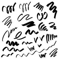 Vector set of abstract scribble bold brush pen elements. Hand drawn grunge paint stains. Isolated Ink drawn stroke lines for design.