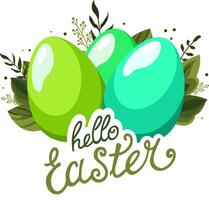 primavera menta y verde huevos con el texto Hola Pascua de Resurrección y con verde hojas y ramas en antecedentes. ilustración en plano estilo. vector clipart para diseño de tarjeta, bandera, volantes, venta, póster