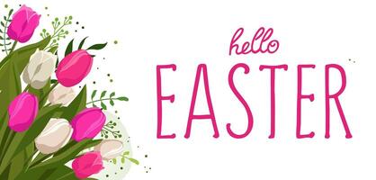 Spring bouquet with pink and white tulips and grass with text Easter. Vector background template with flowers for design, greeting card, banner, board, flyer, sale, poster