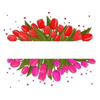 Spring rectangular frame with pink red tulips for words and text. Vector background template with flowers for design, greeting card, banner, board, flyer, sale, poster