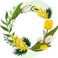 Spring round frame with yellow white tulips and mimosa for words and text. Vector background template with flowers for design, greeting card, banner, board, flyer, sale, poster