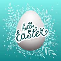 Spring egg with text Hello Easter and with white leaves and branches on blue background. Illustration in flat style. Vector clipart for design of card, banner, flyer, sale, poster