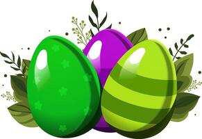 Green and violet Easter striped egg and egg with polka dots with green leaves and branches on background. Illustration in flat style. Vector clipart for design of card, banner, flyer, sale, poster