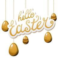 Spring gold hanging eggs with the text Hello Easter on background. Illustration in flat style. Vector clipart for design of card, banner, flyer, sale, poster