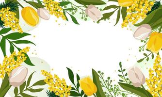 primavera rectangular marco con amarillo tulipanes y mimosa para palabras y texto. vector antecedentes modelo con flores para diseño, saludo tarjeta, bandera, junta, volantes, venta, póster