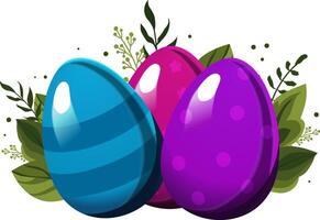 Blue violet and pink Easter striped egg and egg with polka dots with green leaves and branches on background. Illustration in flat style. Vector clipart for design of card, banner, flyer, sale,