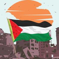 Palestina bandera póster diseño con edificio restos en el antecedentes vector