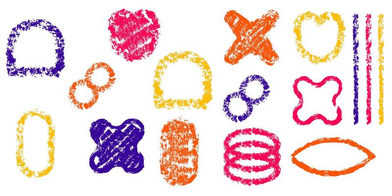 Chalk, crayons, brush, stroke hand drawn marker collection. Abstract colorful crayons shape drawing. Vector illustration